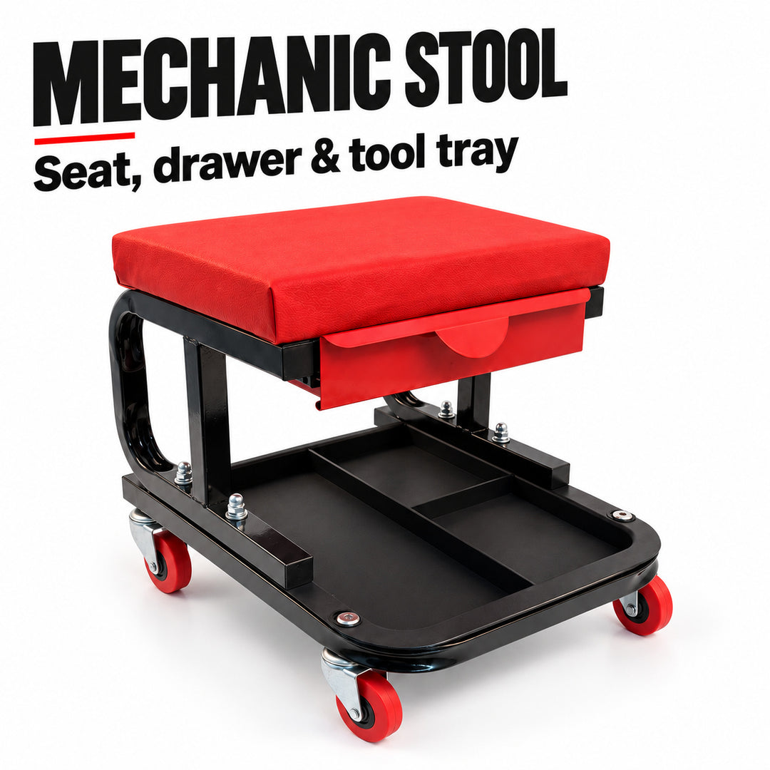 Mechanic Stool with Drawer and Wheels - Black & Red Rolling Workshop Seat