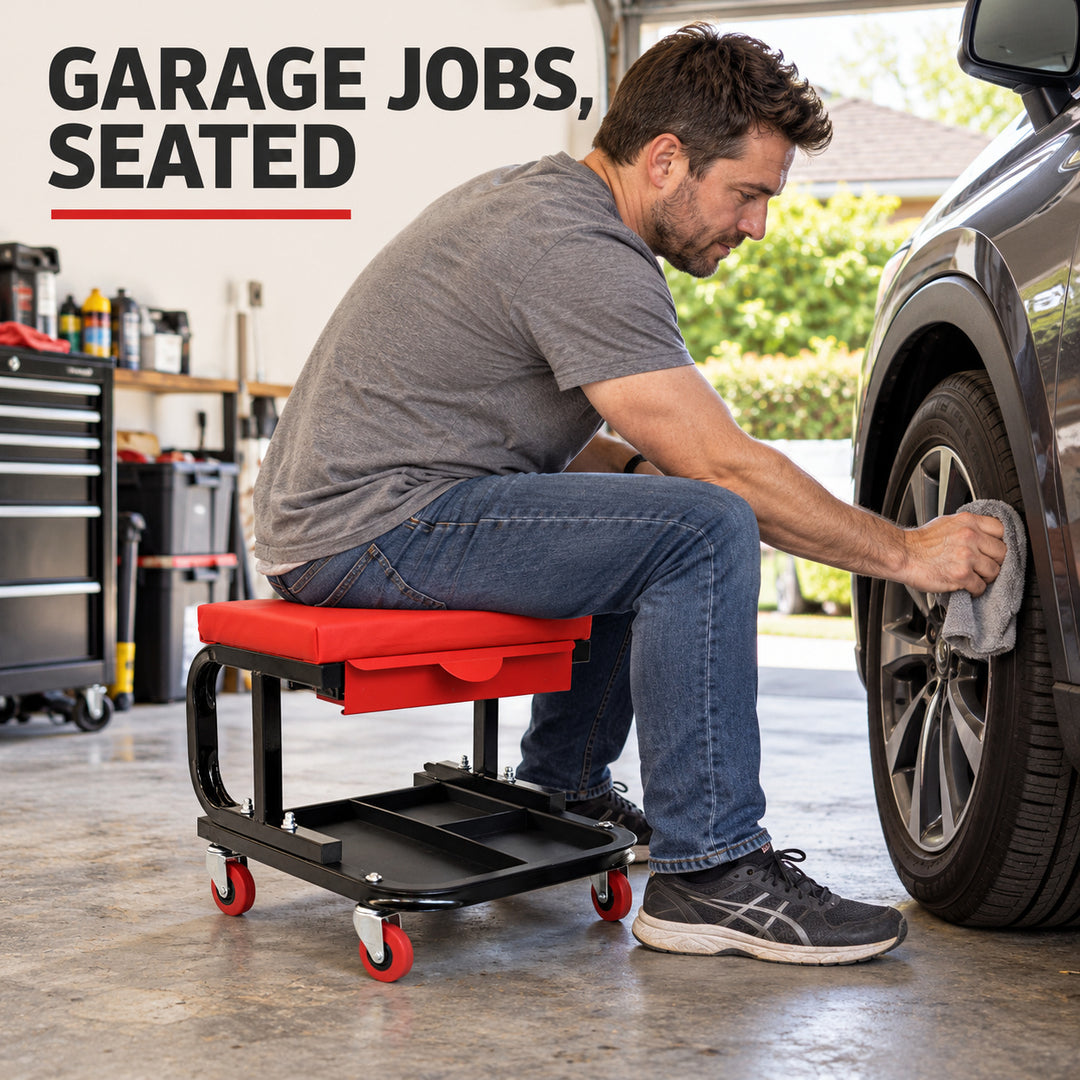 Mechanic Stool with Drawer and Wheels - Black & Red Rolling Workshop Seat