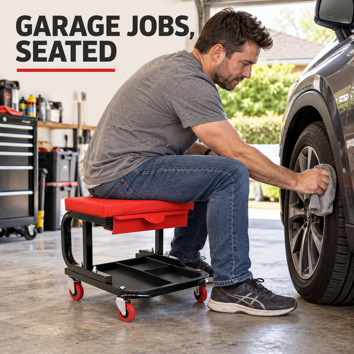 Mechanic Stool with Drawer and Wheels - Black & Red Rolling Workshop Seat