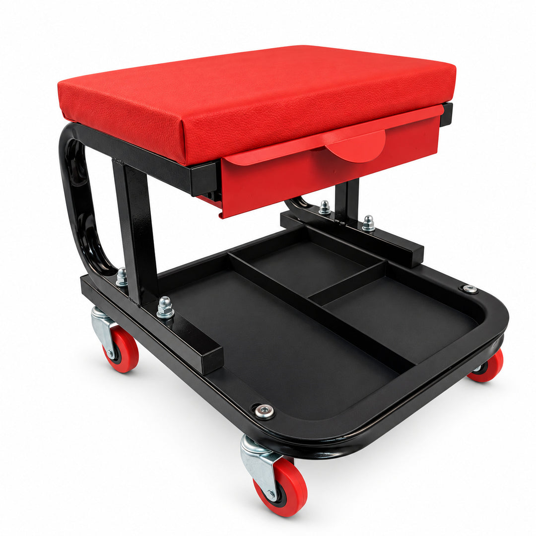 Mechanic Stool with Drawer and Wheels - Black & Red Rolling Workshop Seat