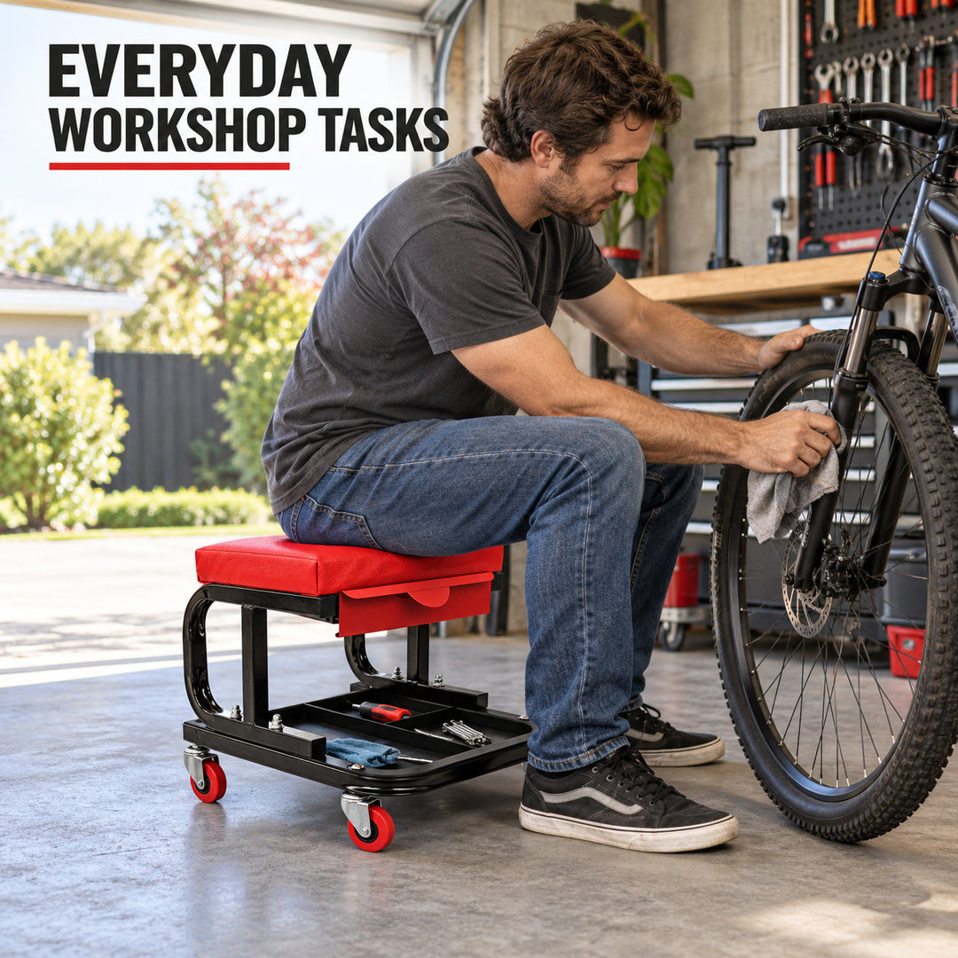 Mechanic Stool with Drawer and Wheels - Black & Red Rolling Workshop Seat