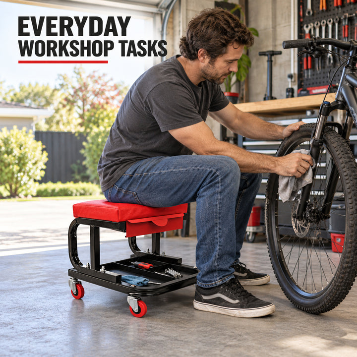 Mechanic Stool with Drawer and Wheels - Black & Red Rolling Workshop Seat