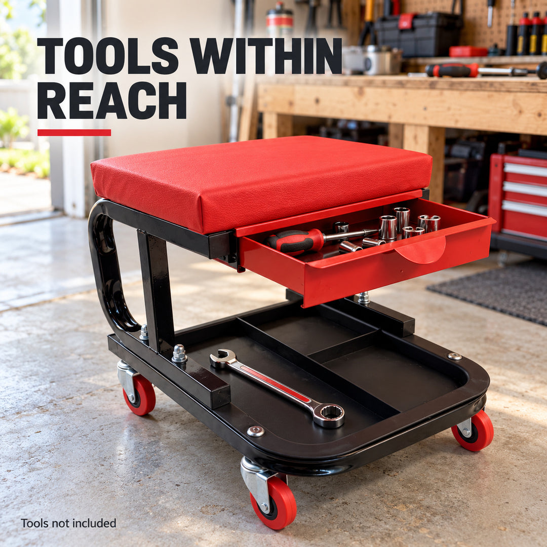 Mechanic Stool with Drawer and Wheels - Black & Red Rolling Workshop Seat