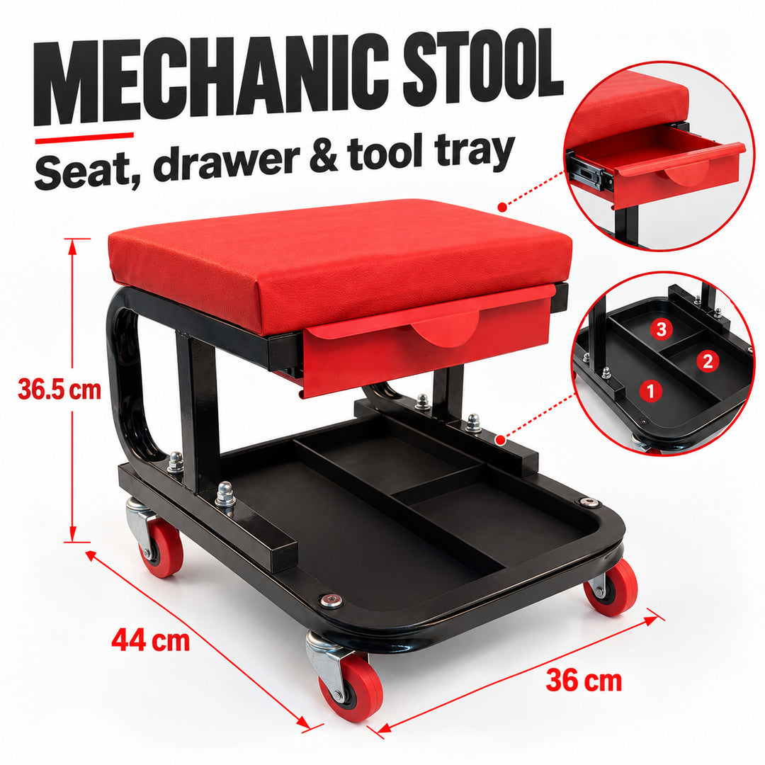 Mechanic Stool with Drawer and Wheels - Black & Red Rolling Workshop Seat