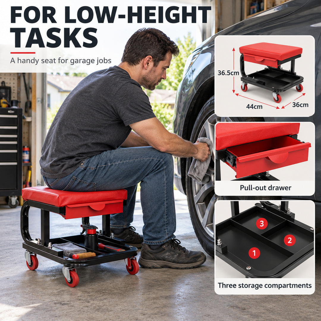 Mechanic Stool with Drawer and Wheels - Black & Red Rolling Workshop Seat