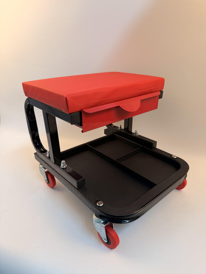 Mechanic Stool with Drawer and Wheels - Black & Red Rolling Workshop Seat