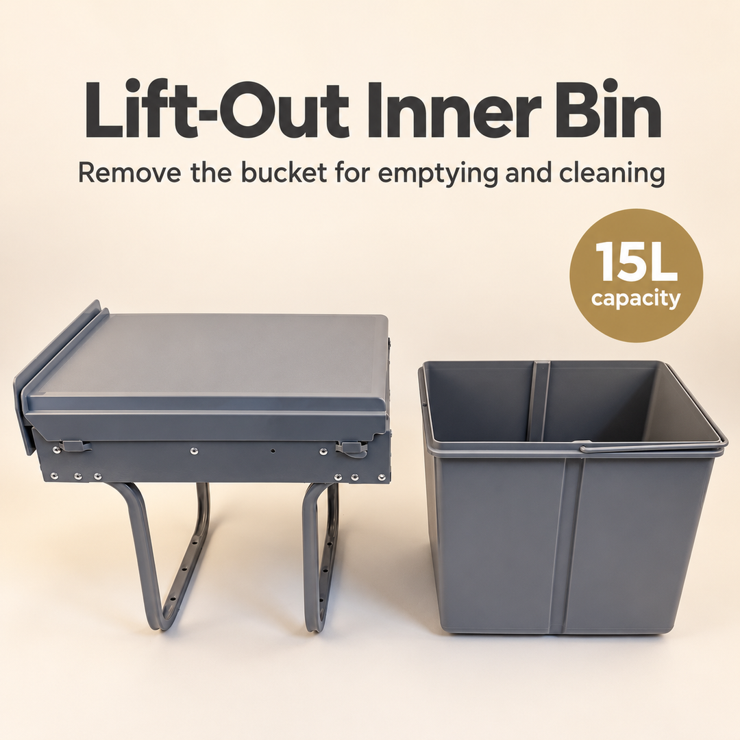 Pull-Out Cabinet Trash Can 15L Gray Under-Sink Waste Bin