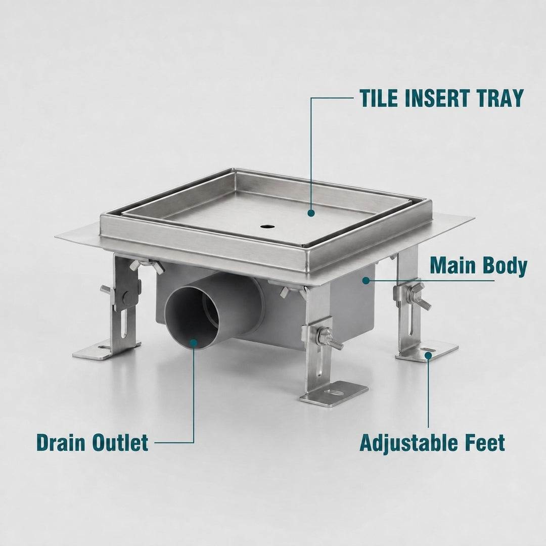 150mm Square Embedded Tile-In Bathroom Floor Drain Waste Grate