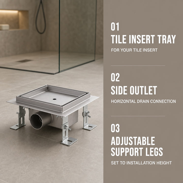 150mm Square Embedded Tile-In Bathroom Floor Drain Waste Grate