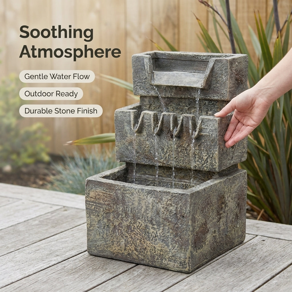 3 Tier Rectangle Garden Fountain Feature Weathered Stone