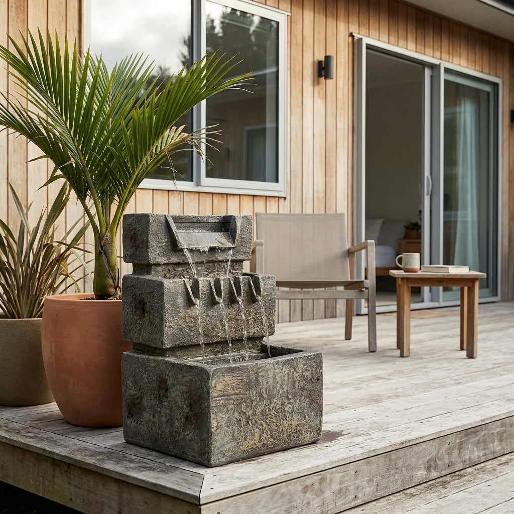 3 Tier Rectangle Garden Fountain Feature Weathered Stone