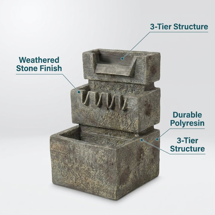 3 Tier Rectangle Garden Fountain Feature Weathered Stone