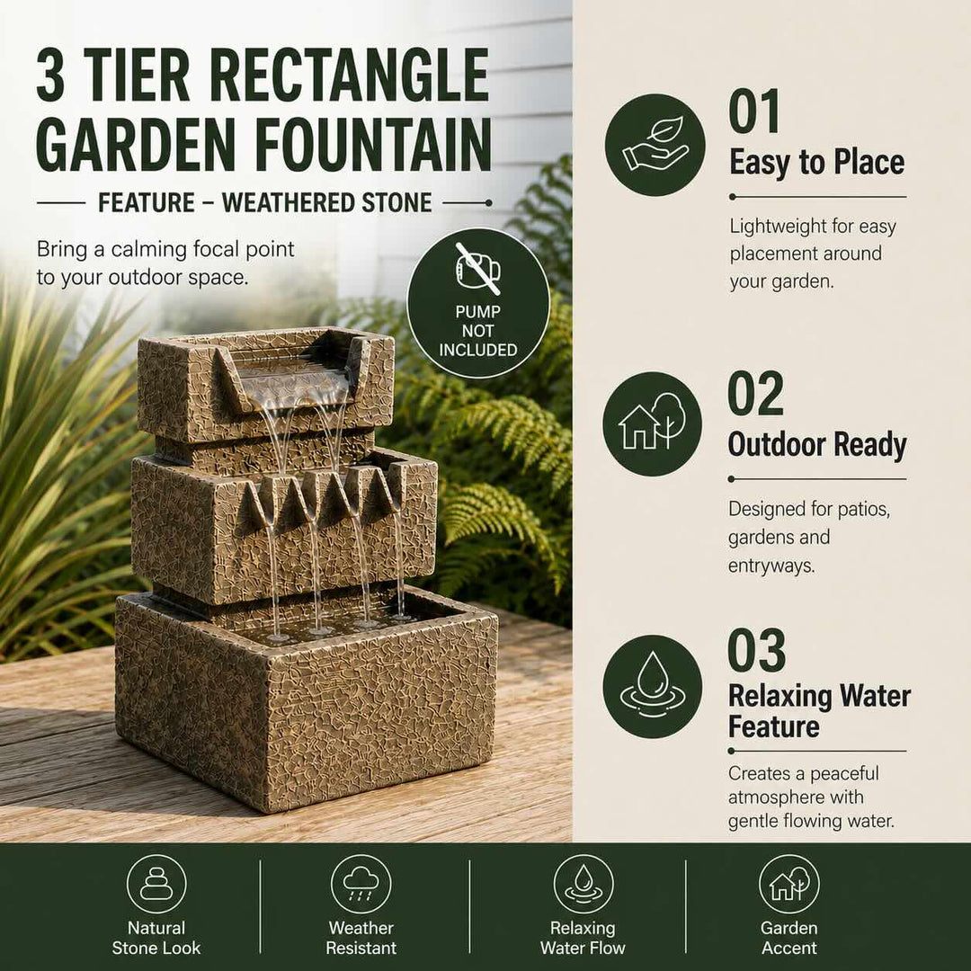 3 Tier Rectangle Garden Fountain Feature Weathered Stone