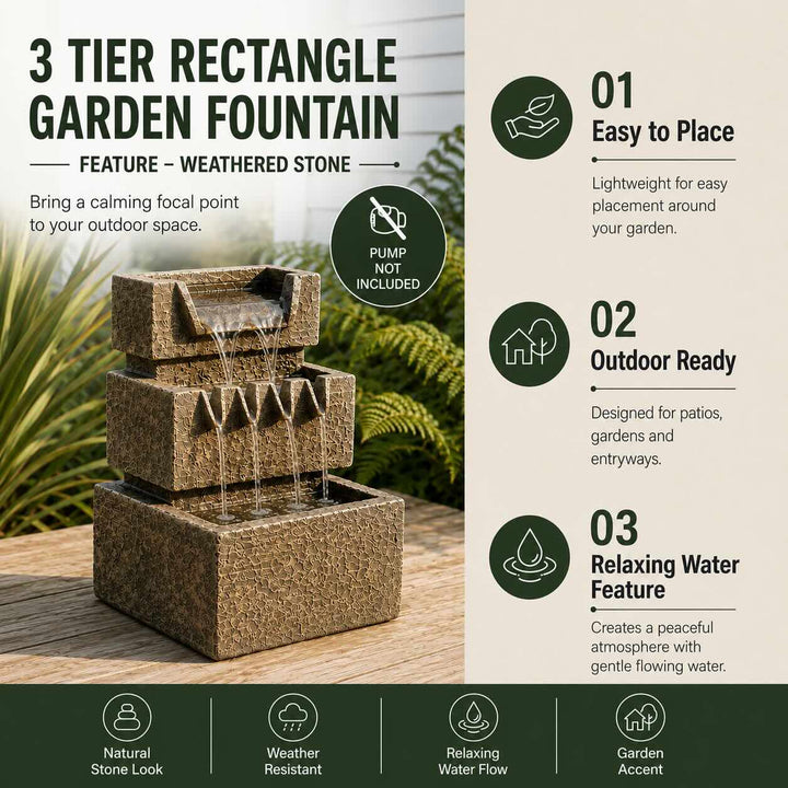 3 Tier Rectangle Garden Fountain Feature Weathered Stone