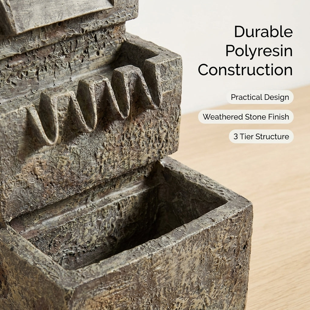 3 Tier Rectangle Garden Fountain Feature Weathered Stone