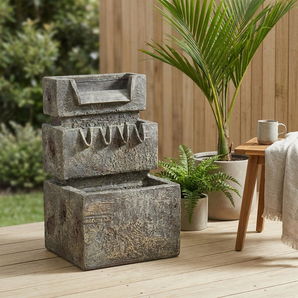 3 Tier Rectangle Garden Fountain Feature Weathered Stone