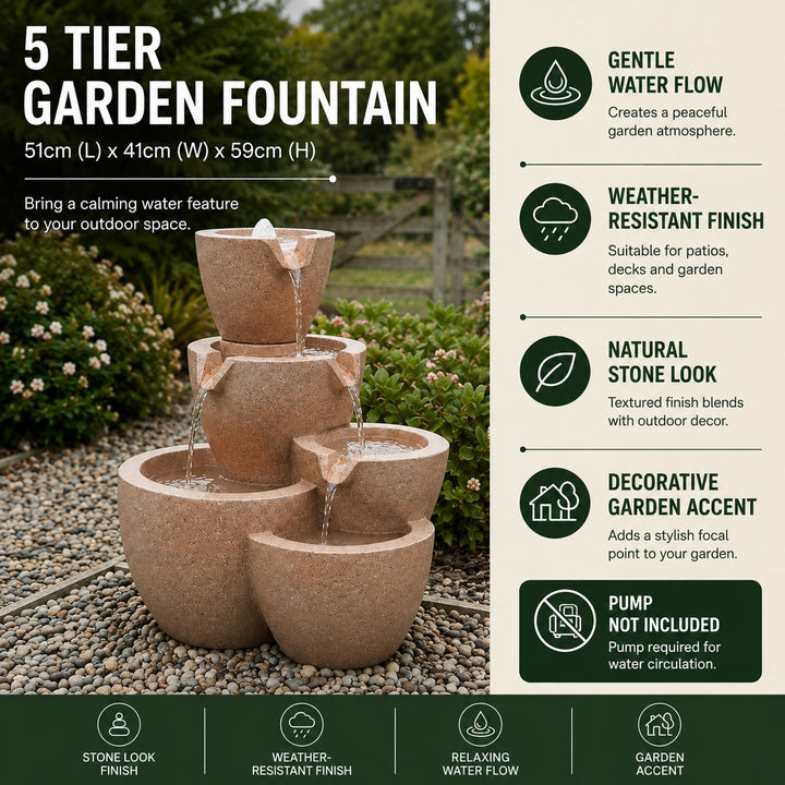 5 Tier Garden Fountain Stone Look Water Feature 59cm High