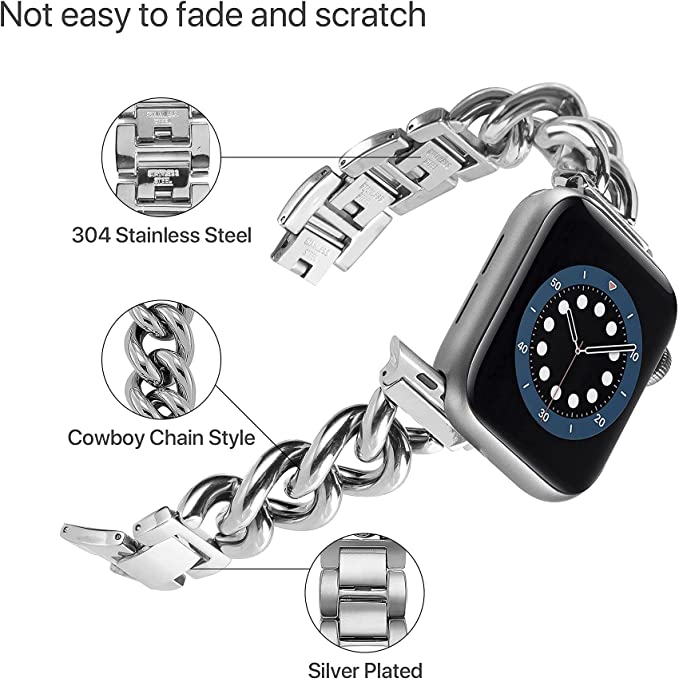 Stainless Steel Chain Bracelet Compatible With Apple Watch Band for 42MM 44MM 45MM-Sliver