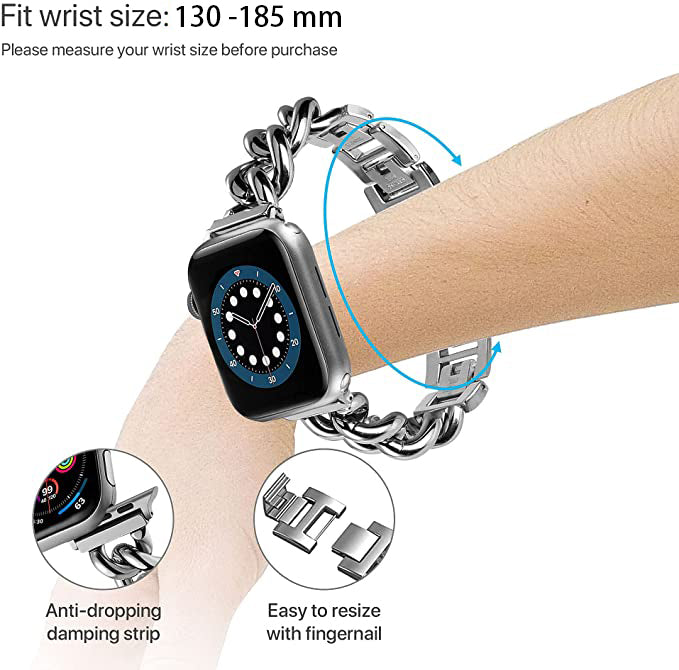 Stainless Steel Chain Bracelet Compatible With Apple Watch Band for 42MM 44MM 45MM-Sliver