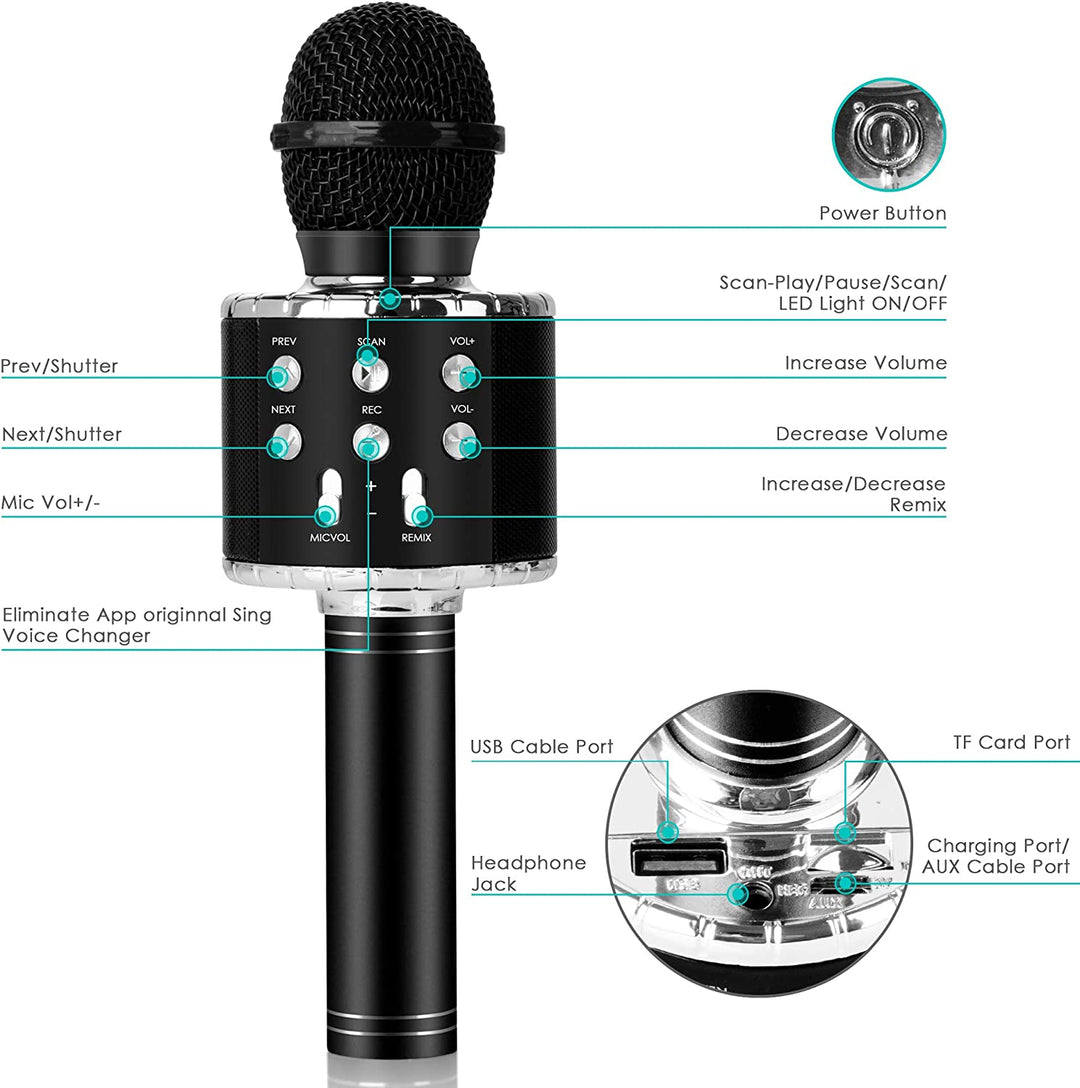 Karaoke Microphone with Bluetooth & LED Lights- Black