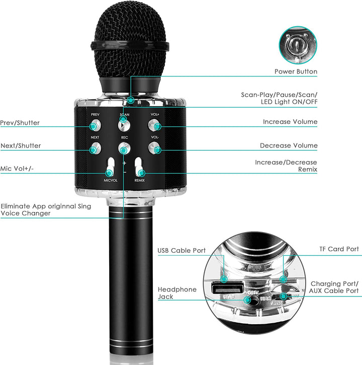 Karaoke Microphone with Bluetooth & LED Lights- Black
