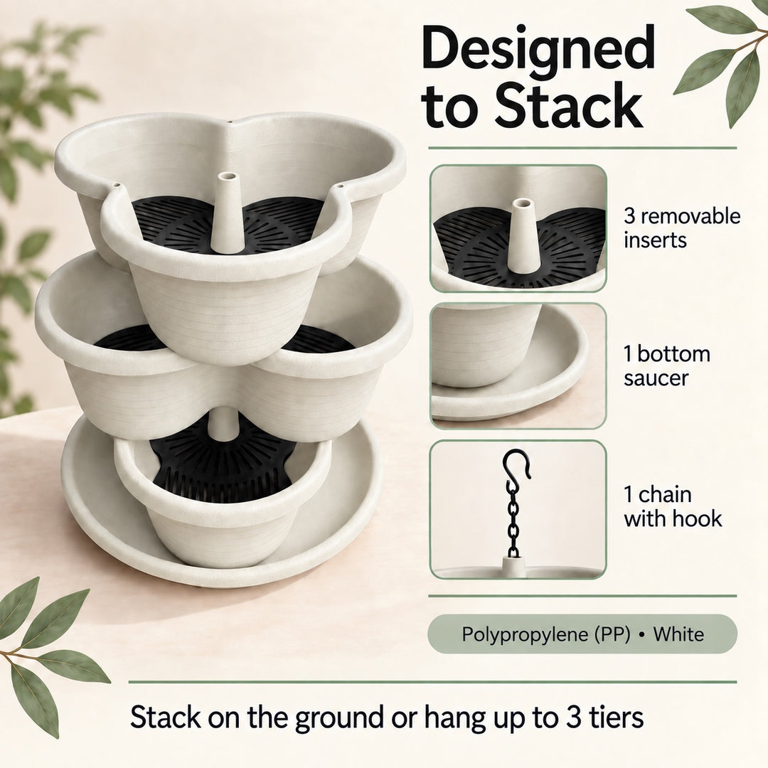 3 Tier Vertical Stackable Planter for Flowers, Herbs and Vegetables - White