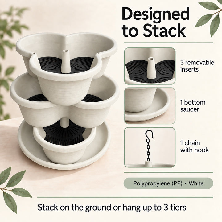 3 Tier Vertical Stackable Planter for Flowers, Herbs and Vegetables - White