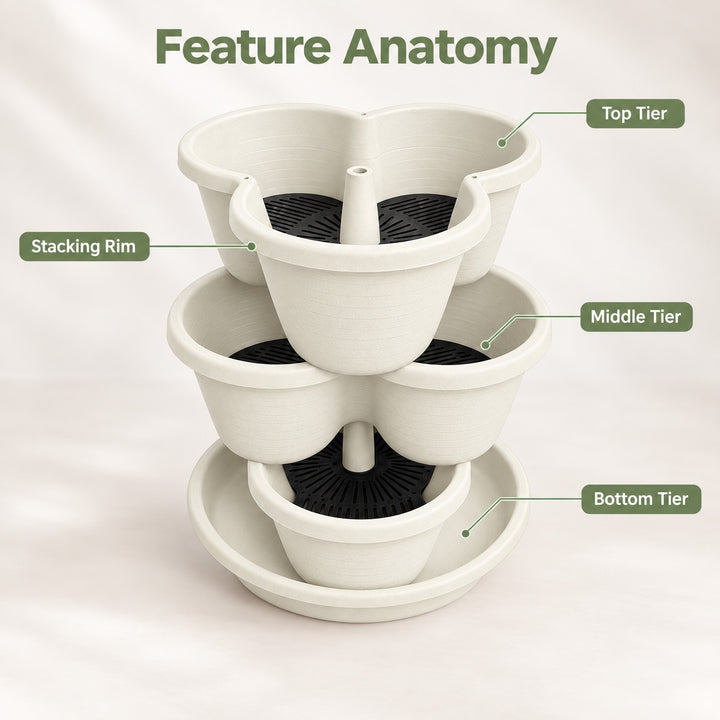 3 Tier Vertical Stackable Planter for Flowers, Herbs and Vegetables - White