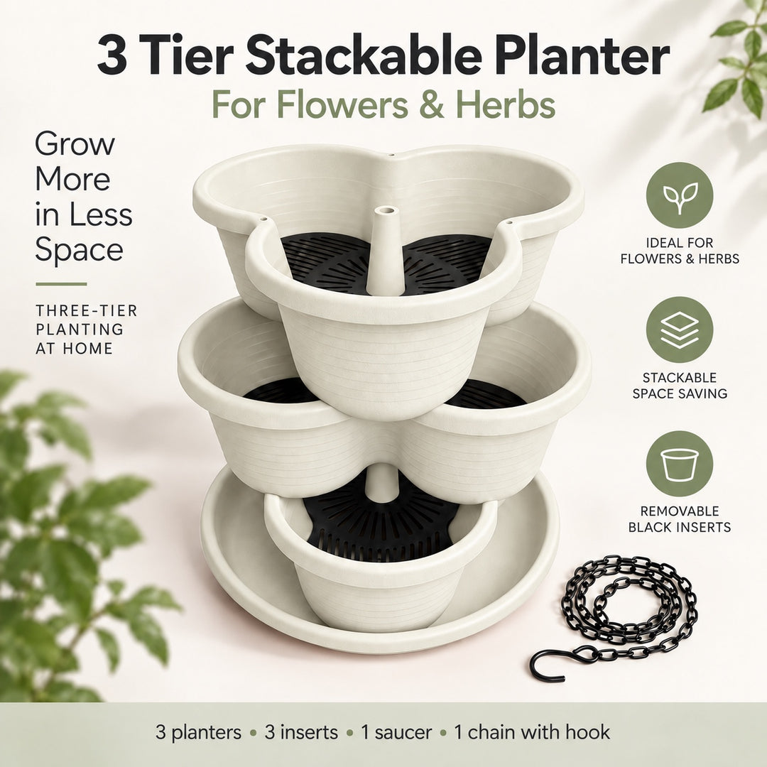 3 Tier Vertical Stackable Planter for Flowers, Herbs and Vegetables - White