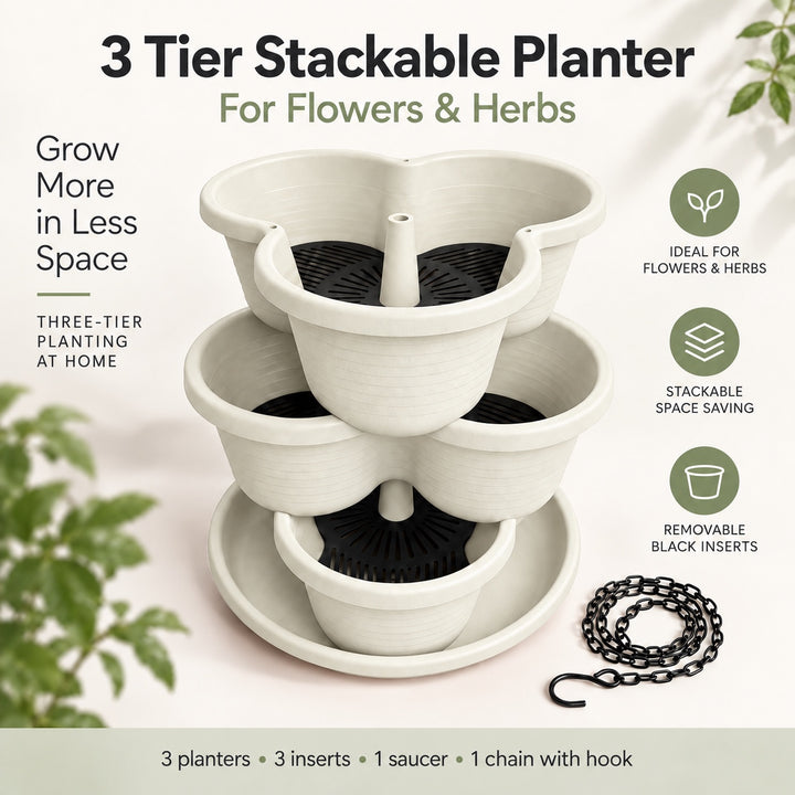 3 Tier Vertical Stackable Planter for Flowers, Herbs and Vegetables - White