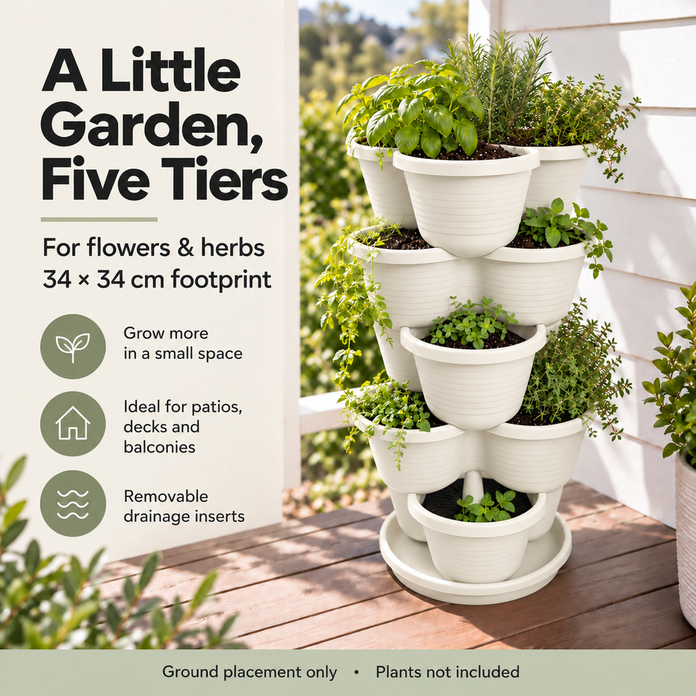 5 Tier Vertical Stackable Planter for Flowers Herbs Vegetables - White