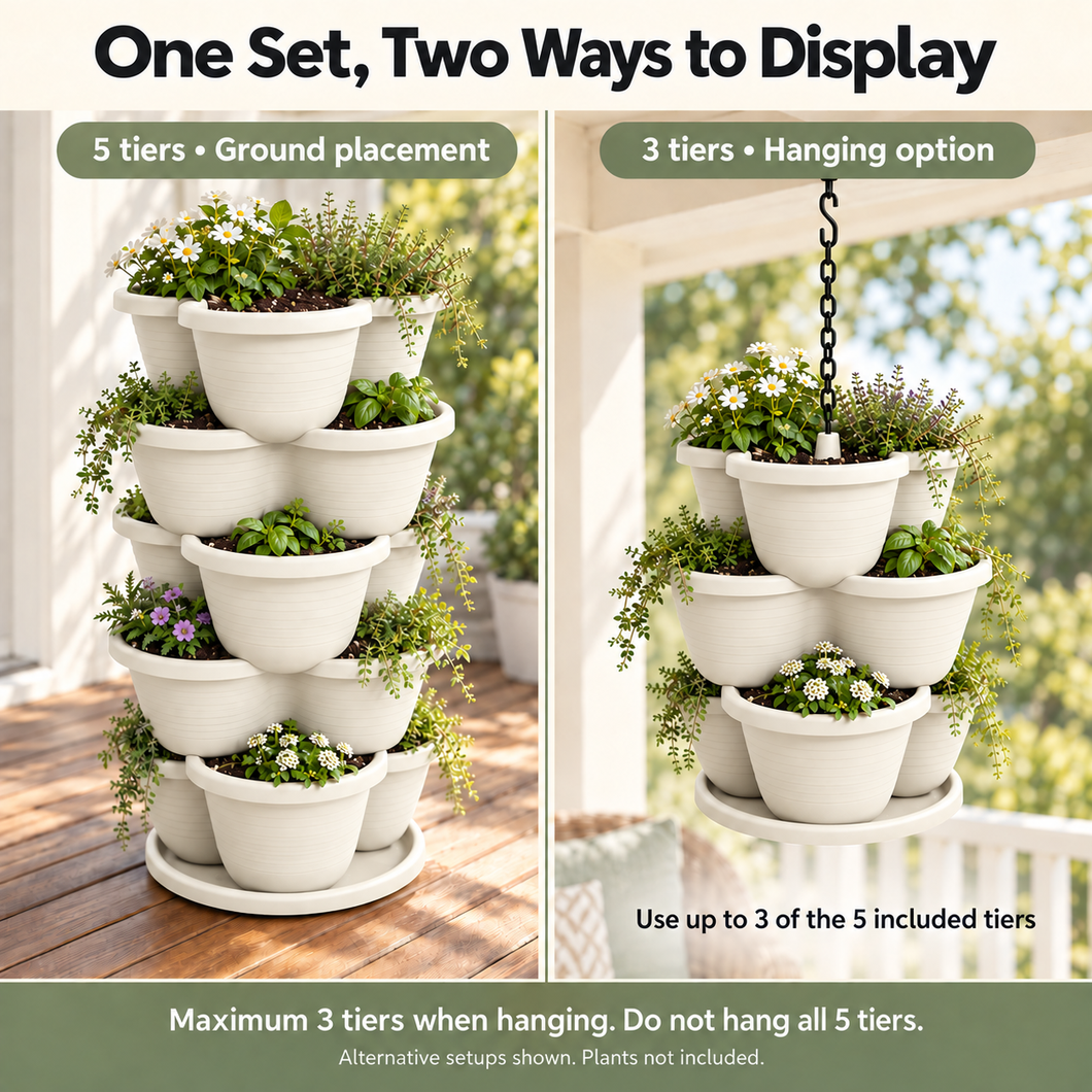 5 Tier Vertical Stackable Planter for Flowers Herbs Vegetables - White