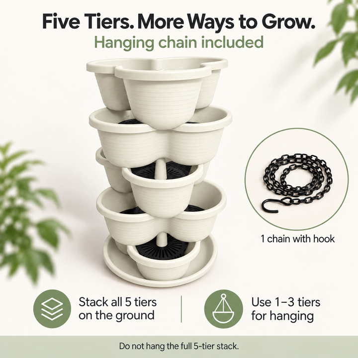 5 Tier Vertical Stackable Planter for Flowers Herbs Vegetables - White