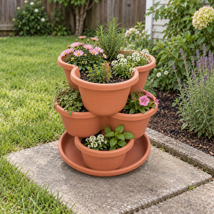 3 Tier Vertical Stackable Planter for Flowers Herbs Vegetables - Terracotta