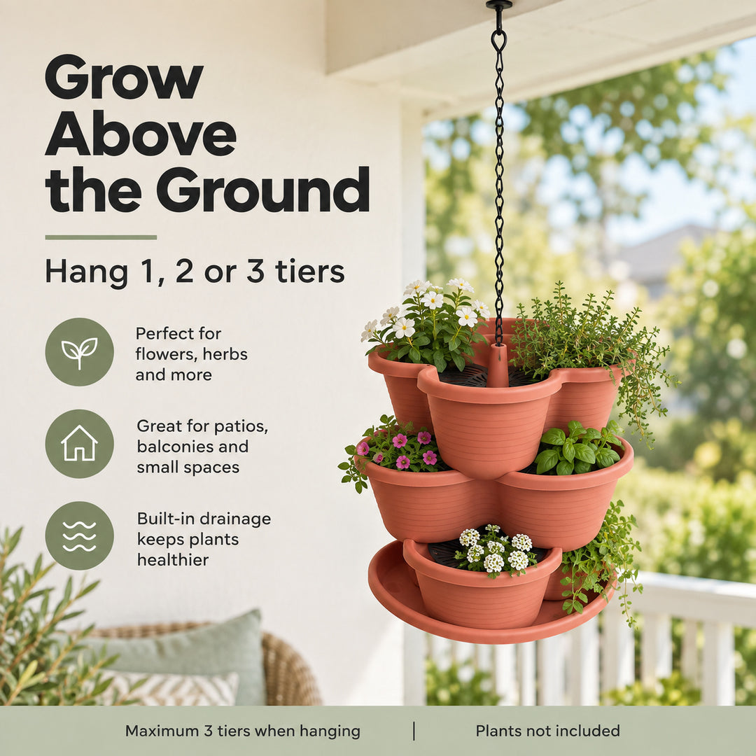 3 Tier Vertical Stackable Planter for Flowers Herbs Vegetables - Terracotta