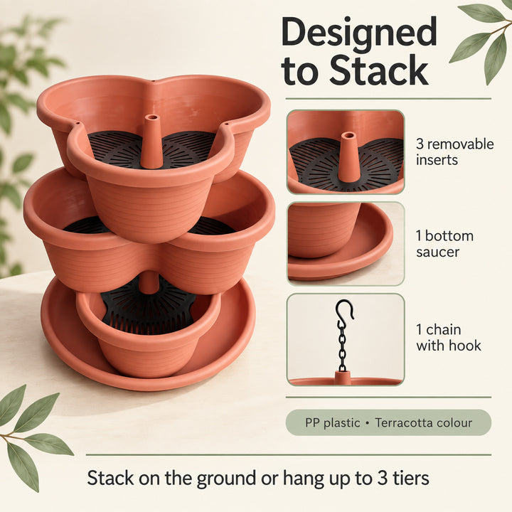 3 Tier Vertical Stackable Planter for Flowers Herbs Vegetables - Terracotta