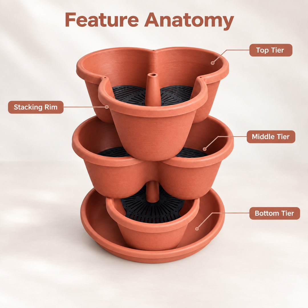 3 Tier Vertical Stackable Planter for Flowers Herbs Vegetables - Terracotta
