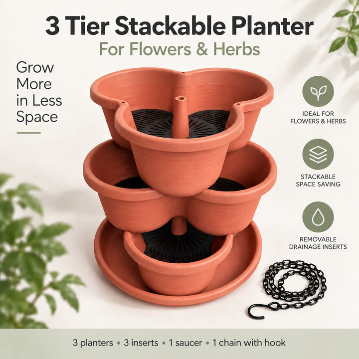 3 Tier Vertical Stackable Planter for Flowers Herbs Vegetables - Terracotta