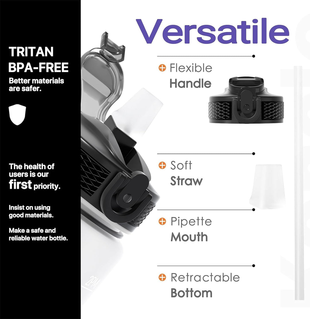 1L Motivational Water Bottle with Straw & Time Marker -Black