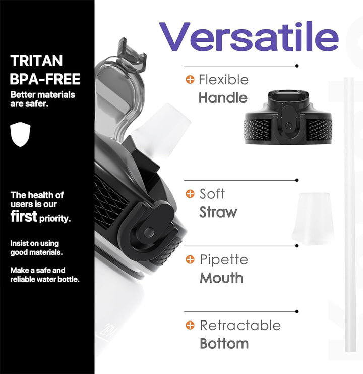 1L Motivational Water Bottle with Straw & Time Marker -Black
