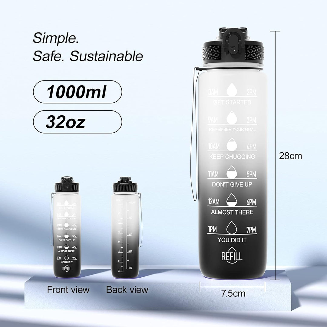 1L Motivational Water Bottle with Straw & Time Marker -Black