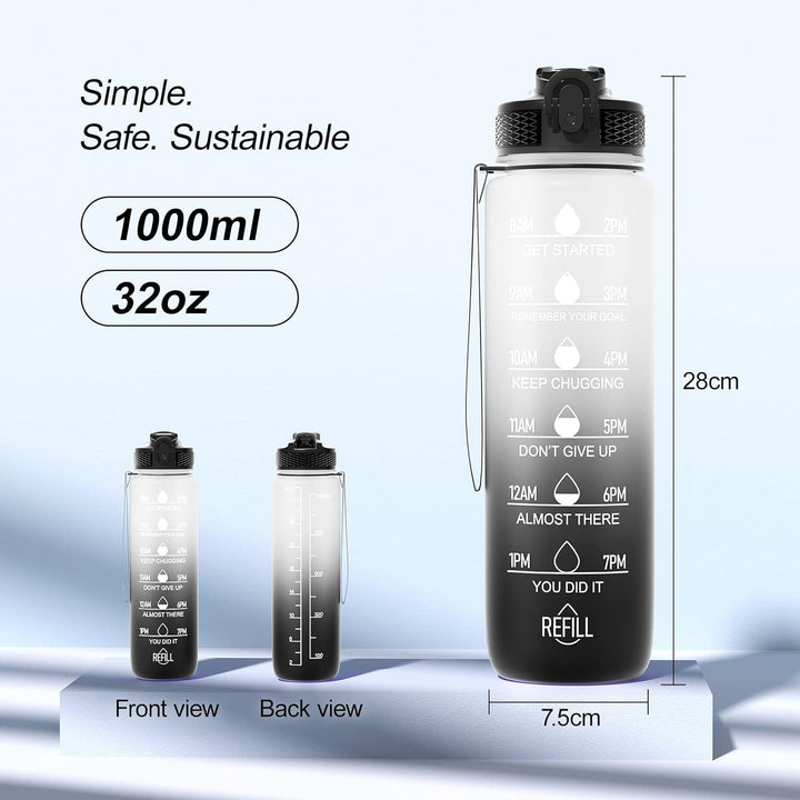 1L Motivational Water Bottle with Straw & Time Marker -Black