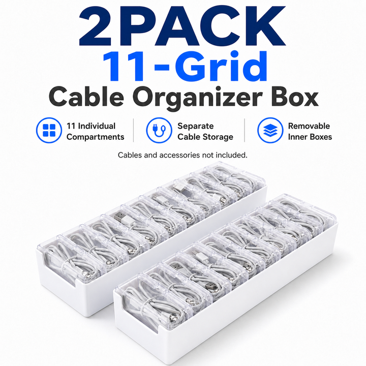 11-Compartment Clear Cable and Small Item Organizer Boxes - 2 Pack