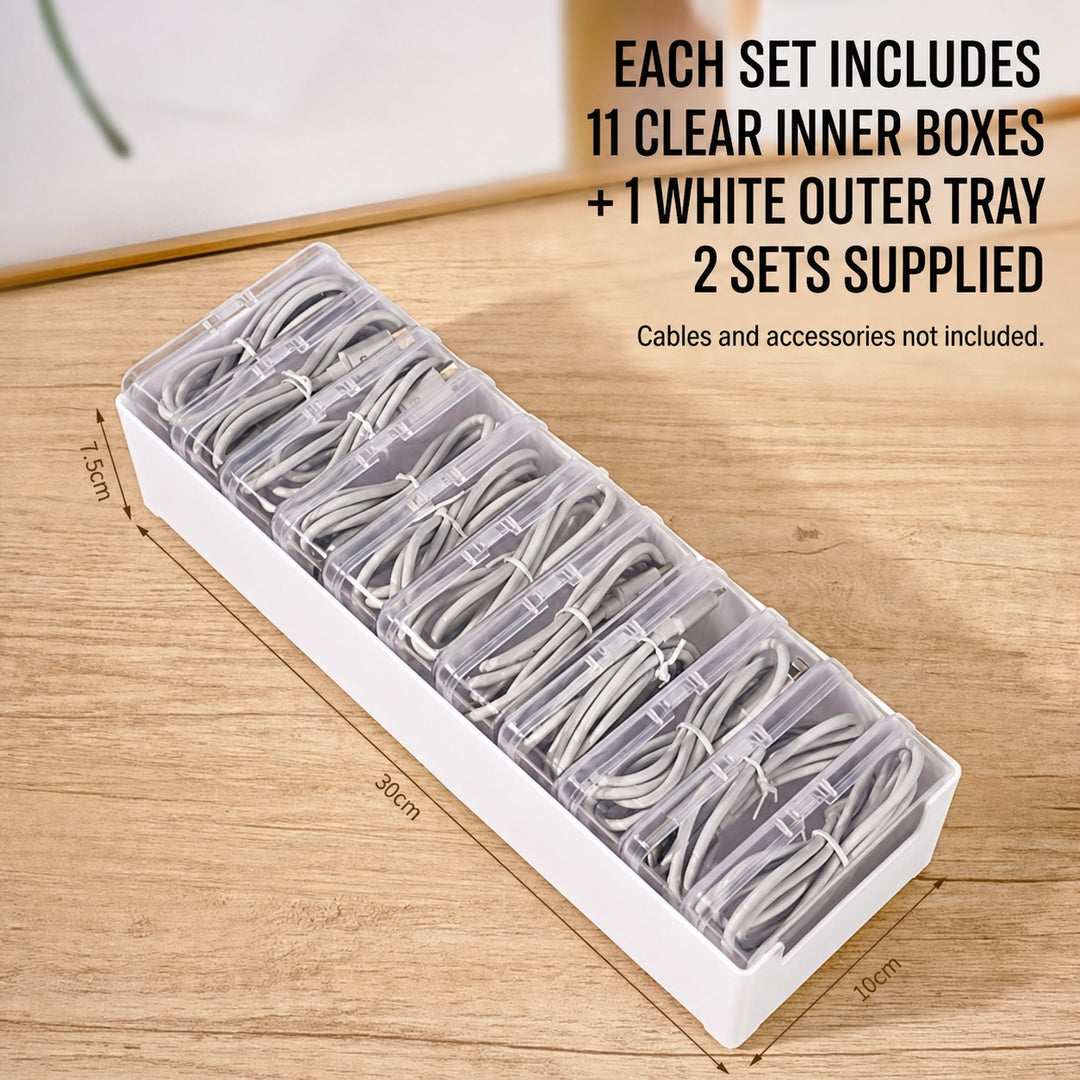 11-Compartment Clear Cable and Small Item Organizer Boxes - 2 Pack