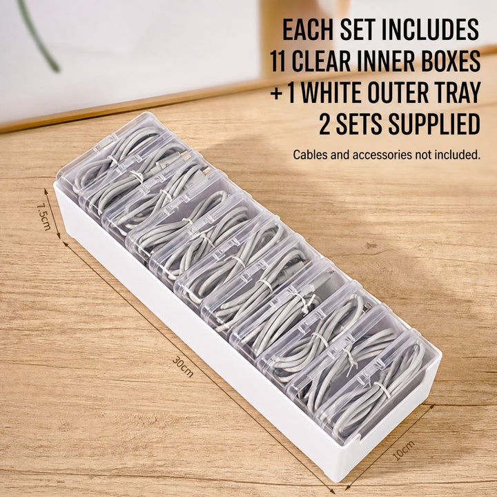11-Compartment Clear Cable and Small Item Organizer Boxes - 2 Pack