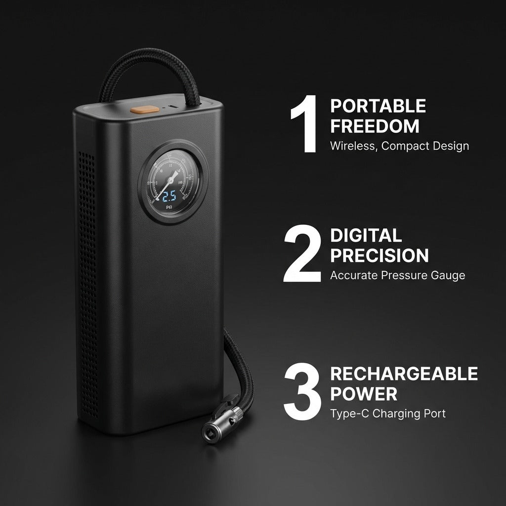 Portable Wireless Tire Inflator Pump with Digital Gauge & 3000mAh Battery