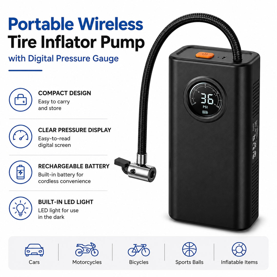 Portable Wireless Tire Inflator Pump with Digital Gauge & 3000mAh Battery