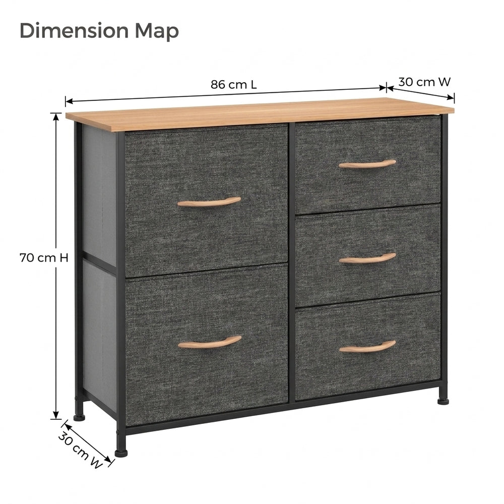 5 Drawer Fabric Storage Chest with Wood-Grain Top - Dark Gray