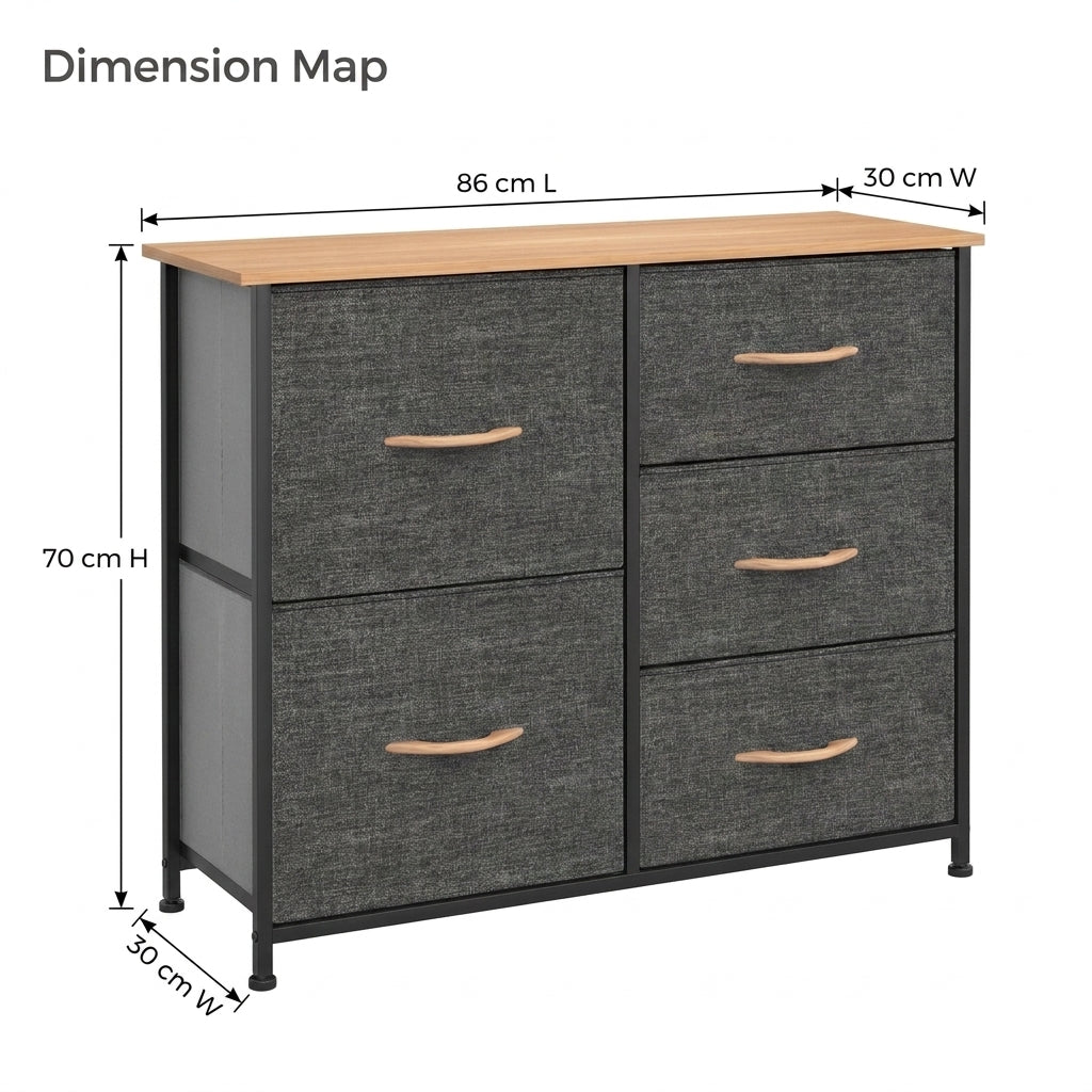 5 Drawer Fabric Storage Chest with Wood-Grain Top - Dark Gray