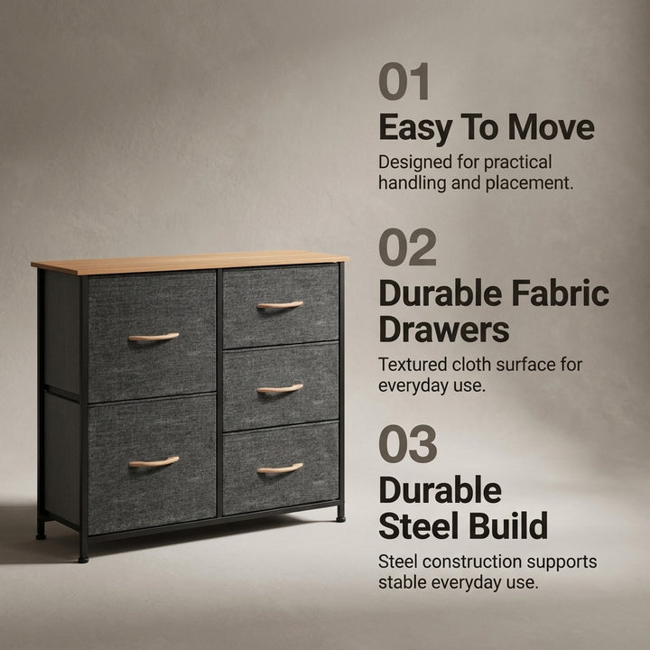 5 Drawer Fabric Storage Chest with Wood-Grain Top - Dark Gray